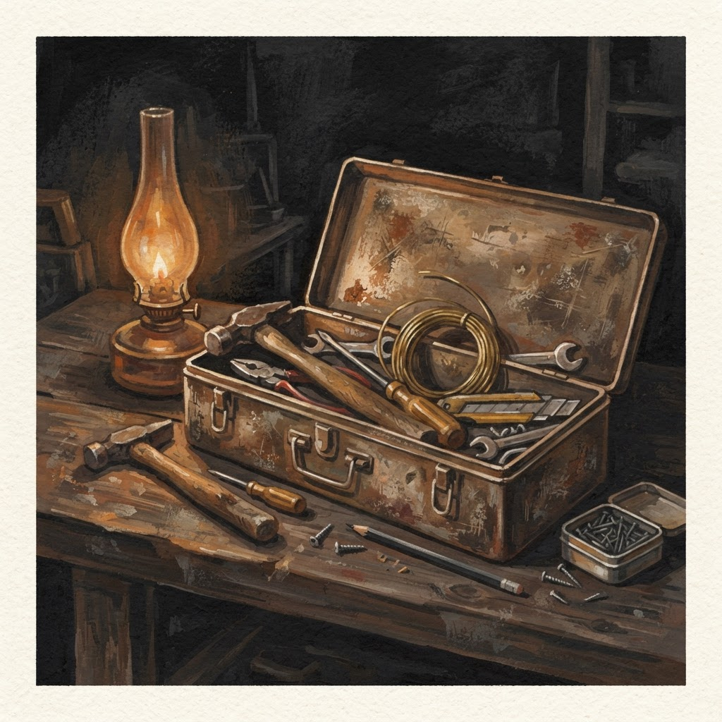 An old metal toolbox open on a workbench under warm lamplight, tools and a coil of wire scattered nearby